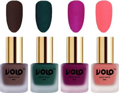 

Volo Velvet Dull Matte Posh Shades Party Girl Range Nail Polish Sets Chocolate Brown, Dark Green, Magenta, Dark Peach(Pack of 4)