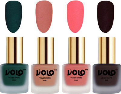 

Volo Velvet Dull Matte Posh Shades Party Girl Range Nail Polish Sets Dark Green, Light Peach, Dark Peach, Dark Wine(Pack of 4)
