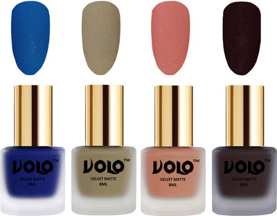 

Volo Velvet Dull Matte Posh Shades Party Girl Range Nail Polish Sets Blue, Sand Nude, Light Peach, Dark Wine(Pack of 4)