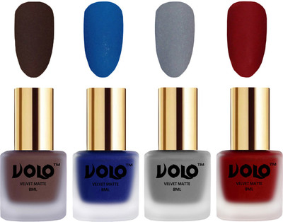 

Volo Velvet Dull Matte Posh Shades Party Girl Range Nail Polish Sets Chocolate Brown, Blue, Grey, Tomato Red(Pack of 4)