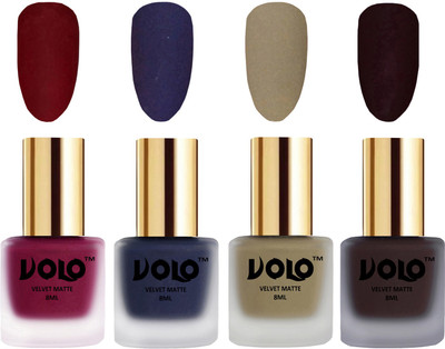 

Volo Velvet Dull Matte Posh Shades Party Girl Range Nail Polish Sets Carrot Red, Russian Navy Blue, Sand Nude, Dark Wine(Pack of 4)