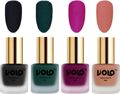 

Volo Velvet Dull Matte Posh Shades Party Girl Range Nail Polish Sets Black, Dark Green, Magenta, Light Peach(Pack of 4)