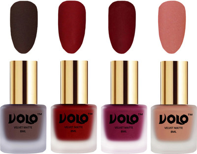 

Volo Velvet Dull Matte Posh Shades Party Girl Range Nail Polish Sets Chocolate Brown, Tomato Red, Carrot Red, Light Peach(Pack of 4)