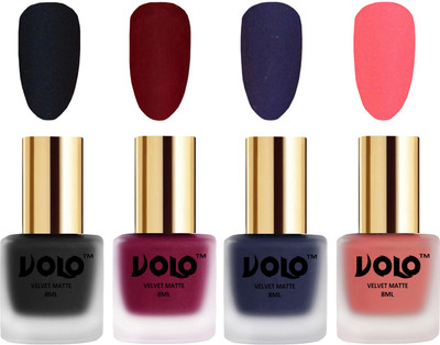 

Volo Velvet Dull Matte Posh Shades Party Girl Range Nail Polish Sets Black, Carrot Red, Russian Navy Blue, Dark Peach(Pack of 4)