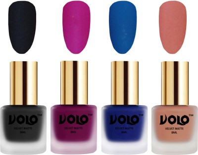 

Volo Velvet Dull Matte Posh Shades Party Girl Range Nail Polish Sets Black, Magenta, Blue, Light Peach(Pack of 4)