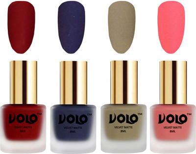 

Volo Velvet Dull Matte Posh Shades Party Girl Range Nail Polish Sets Tomato Red, Russian Navy Blue, Sand Nude, Dark Peach(Pack of 4)
