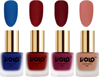 

Volo Velvet Dull Matte Posh Shades Party Girl Range Nail Polish Sets Blue, Tomato Red, Carrot Red, Light Peach(Pack of 4)