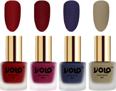

Volo Velvet Dull Matte Posh Shades Party Girl Range Nail Polish Sets Tomato Red, Carrot Red, Russian Navy Blue, Sand Nude(Pack of 4)