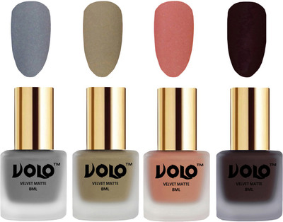

Volo Velvet Dull Matte Posh Shades Party Girl Range Nail Polish Sets Grey, Sand Nude, Light Peach, Dark Wine(Pack of 4)