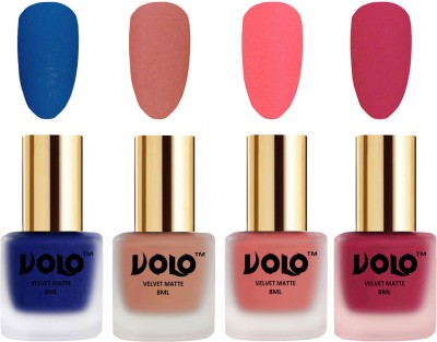 Volo Velvet Dull Matte Posh Shades Party Girl Range Nail Polish Sets Combo-No-102 Light Peach, Blue, Dark Peach, Passion Pink(Pack of 4)
