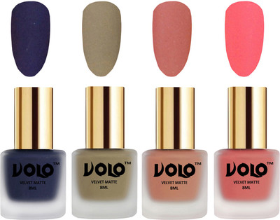 

Volo Velvet Dull Matte Posh Shades Party Girl Range Nail Polish Sets Russian Navy Blue, Sand Nude, Light Peach, Dark Peach(Pack of 4)