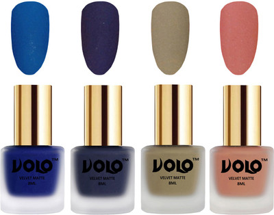 

Volo Velvet Dull Matte Posh Shades Party Girl Range Nail Polish Sets Blue, Russian Navy Blue, Sand Nude, Light Peach(Pack of 4)