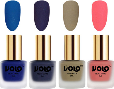 

Volo Velvet Dull Matte Posh Shades Party Girl Range Nail Polish Sets Blue, Russian Navy Blue, Sand Nude, Dark Peach(Pack of 4)