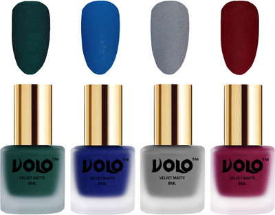 

Volo Velvet Dull Matte Posh Shades Party Girl Range Nail Polish Sets Dark Green, Blue, Grey, Carrot Red(Pack of 4)