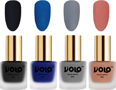 

Volo Velvet Dull Matte Posh Shades Party Girl Range Nail Polish Sets Black, Blue, Grey, Light Peach(Pack of 4)