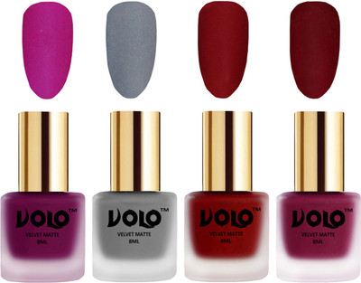 

Volo Velvet Dull Matte Posh Shades Party Girl Range Nail Polish Sets Magenta, Grey, Tomato Red, Carrot Red(Pack of 4)