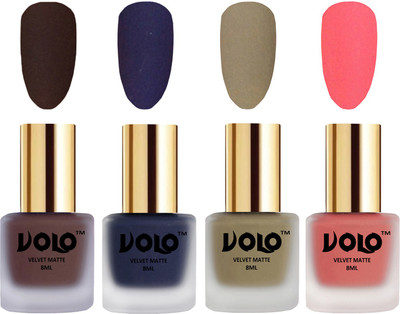 

Volo Velvet Dull Matte Posh Shades Party Girl Range Nail Polish Sets Chocolate Brown, Russian Navy Blue, Sand Nude, Dark Peach(Pack of 4)