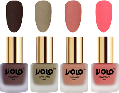 

Volo Velvet Dull Matte Posh Shades Party Girl Range Nail Polish Sets Chocolate Brown, Sand Nude, Light Peach, Dark Peach(Pack of 4)
