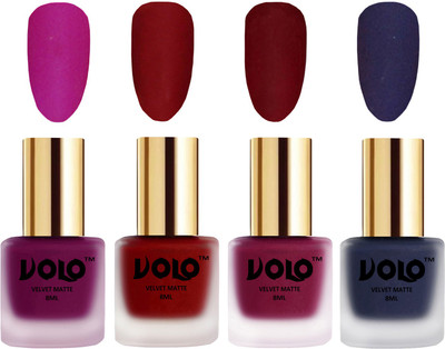 Volo Velvet Dull Matte Posh Shades Party Girl Range Nail Polish Sets Magenta, Tomato Red, Carrot Red, Russian Navy Blue(Pack of 4)
