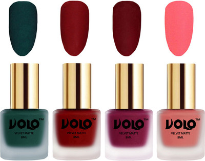 

Volo Velvet Dull Matte Posh Shades Party Girl Range Nail Polish Sets Dark Green, Tomato Red, Carrot Red, Dark Peach(Pack of 4)