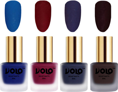 

Volo Velvet Dull Matte Posh Shades Party Girl Range Nail Polish Sets Blue, Carrot Red, Russian Navy Blue, Dark Wine(Pack of 4)