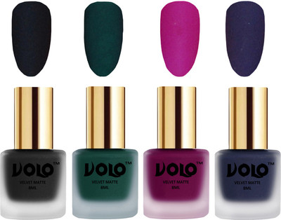 

Volo Velvet Dull Matte Posh Shades Party Girl Range Nail Polish Sets Black, Dark Green, Magenta, Russian Navy Blue(Pack of 4)