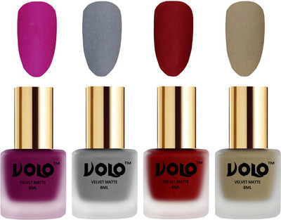 

Volo Velvet Dull Matte Posh Shades Party Girl Range Nail Polish Sets Magenta, Grey, Tomato Red, Sand Nude(Pack of 4)