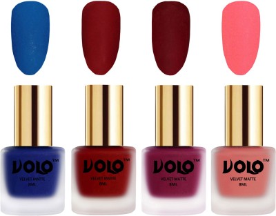 Volo Velvet Dull Matte Posh Shades Party Girl Range Nail Polish Sets Combo-No-88 Blue, Tomato Red, Carrot Red, Dark Peach(Pack of 4)