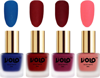 Volo Velvet Dull Matte Posh Shades Party Girl Range Nail Polish Sets Blue, Tomato Red, Carrot Red, Dark Peach(Pack of 4)