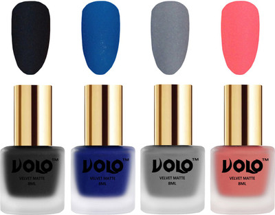 

Volo Velvet Dull Matte Posh Shades Party Girl Range Nail Polish Sets Black, Blue, Grey, Dark Peach(Pack of 4)