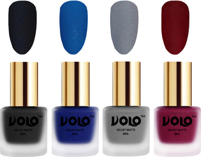 

Volo Velvet Dull Matte Posh Shades Party Girl Range Nail Polish Sets Black, Blue, Grey, Carrot Red(Pack of 4)