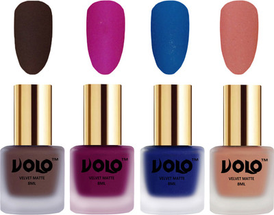 

Volo Velvet Dull Matte Posh Shades Party Girl Range Nail Polish Sets Chocolate Brown, Magenta, Blue, Light Peach(Pack of 4)