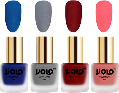 

Volo Velvet Dull Matte Posh Shades Party Girl Range Nail Polish Sets Blue, Grey, Tomato Red, Dark Peach(Pack of 4)