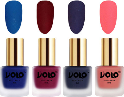 

Volo Velvet Dull Matte Posh Shades Party Girl Range Nail Polish Sets Blue, Carrot Red, Russian Navy Blue, Dark Peach(Pack of 4)
