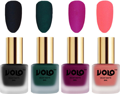 

Volo Velvet Dull Matte Posh Shades Party Girl Range Nail Polish Sets Black, Dark Green, Magenta, Dark Peach(Pack of 4)
