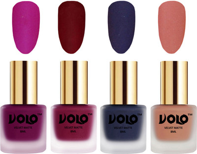 

Volo Velvet Dull Matte Posh Shades Party Girl Range Nail Polish Sets Magenta, Carrot Red, Russian Navy Blue, Light Peach(Pack of 4)
