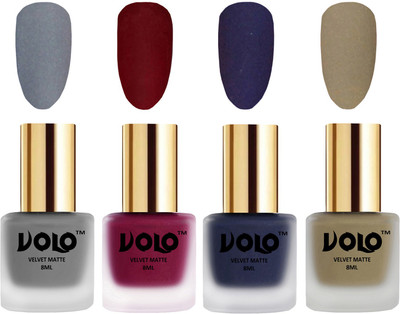 

Volo Velvet Dull Matte Posh Shades Party Girl Range Nail Polish Sets Grey, Carrot Red, Russian Navy Blue, Sand Nude(Pack of 4)