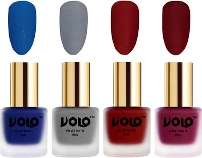 

Volo Velvet Dull Matte Posh Shades Party Girl Range Nail Polish Sets Blue, Grey, Tomato Red, Carrot Red(Pack of 4)