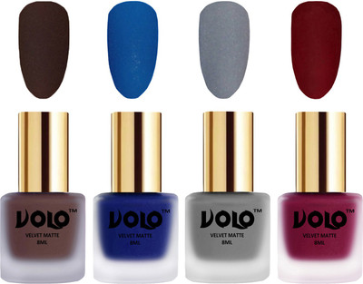 

Volo Velvet Dull Matte Posh Shades Party Girl Range Nail Polish Sets Chocolate Brown, Blue, Grey, Carrot Red(Pack of 4)