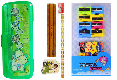 

Majik Combo Of Stationary Kit For Kids, Pencil Box Set, Eraser Pack And Sharpener Pack For Kids, Stationery Items, Multicolor, Pack Of 1 NA Art Plastic Pencil Box(Set of 25, Multicolor)