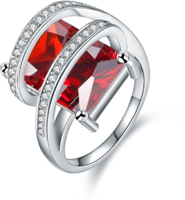 Deevam Square Red Stone Metal Cubic Zirconia Platinum Plated Ring