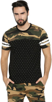 CAMPUS SUTRA Printed, Striped Men Round Neck Black T-Shirt