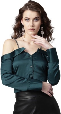 STREET9 Party Cuffed Sleeve Solid Women Green Top