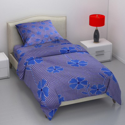 Guru Creations 144 TC Microfiber Single Floral Flat Bedsheet(Pack of 1, Blue)