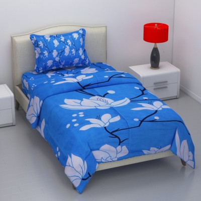 Guru Creations 144 TC Microfiber Single Floral Flat Bedsheet(Pack of 1, Blue)