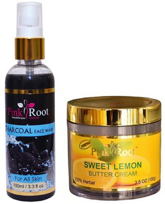 

Pink Root Charcoal Face Wash 100ml WITH Sweet Lemon Butter Cream 100gm(Set of 2)