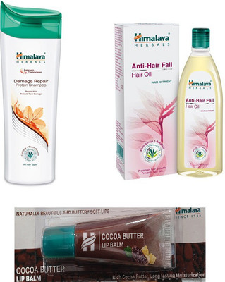 

Himalaya Damage Repair Protein Shampoo, Anti Hair Fall Oil, Cocoa Butter Lip Balm(Set of 3)