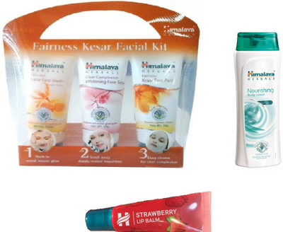 

Himalaya Fairness Kesar Facial Kit, Nourishing Body Lotion, Strawberry Lip Balm(Set of 3)