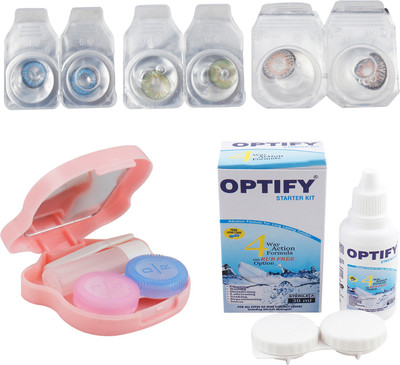 

Optify Combo Pack Monthly Color Contact Lens With Travel Kit Monthly Contact Lens(1, Blue_Green_Natural Grey, Pack of 3)