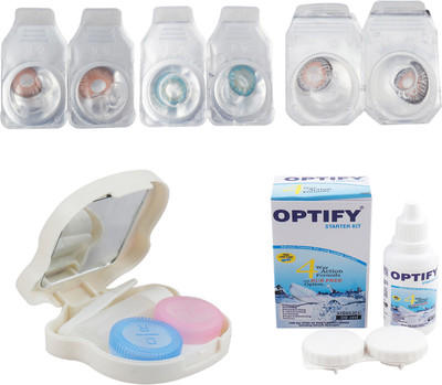 

Optify Combo Pack Monthly Color Contact Lens With Travel Kit Monthly Contact Lens(1, Hazel_Aqua_Natural Grey, Pack of 3)